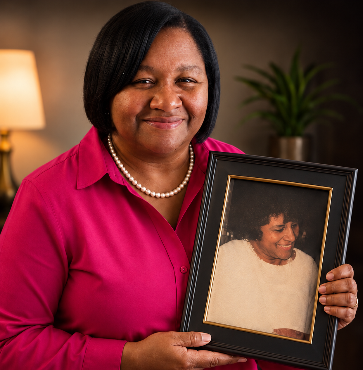 Shelley Hennessy holding a framed portrait of her mother, Linda.